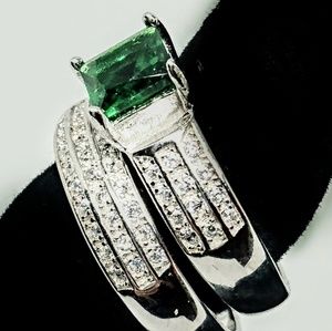 Created Emerald 925 Sterling Silver Set - Size 7